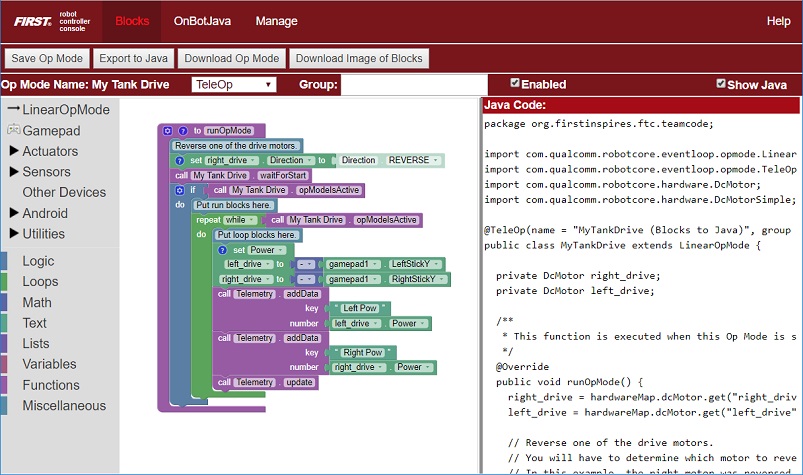 Blocks Programming Tool showing a graphical Blocks program.