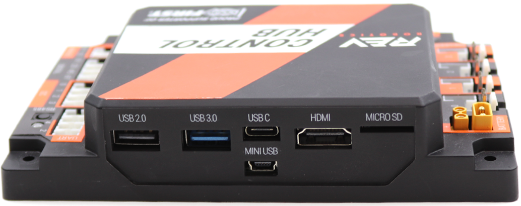 The ports from left to right are: USB 2.0, USB 3.0, USB C, USB Mini (below the USB C port),  HDMI, and Micro SD.