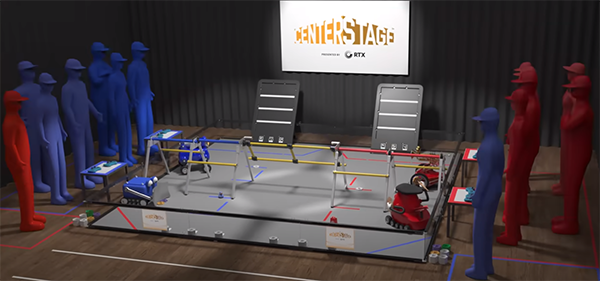 Arena with four teams in alliance areas. Four robots are on the field along with CENTERSTAGE game elements.