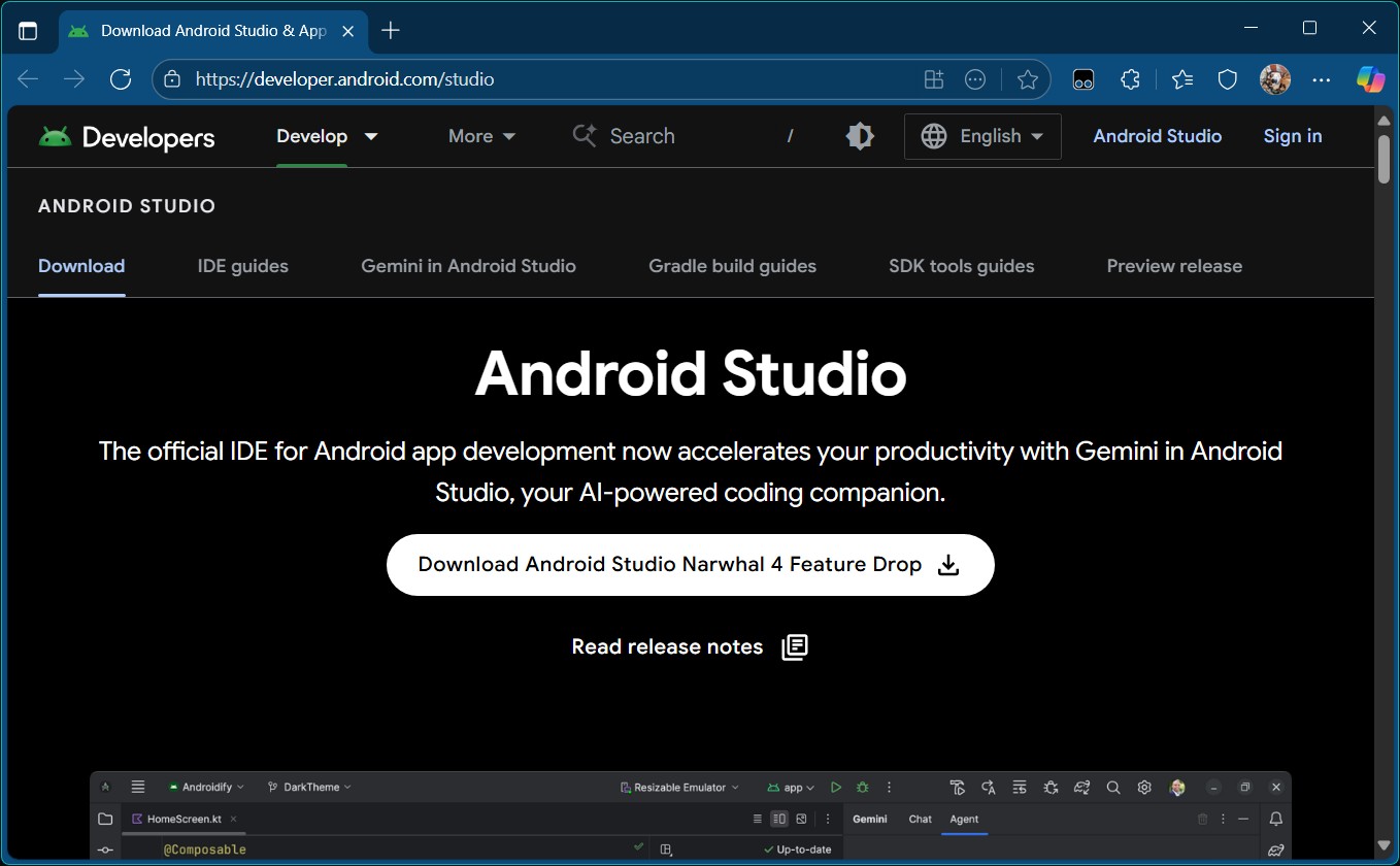Screenshot of the Android Studio web page