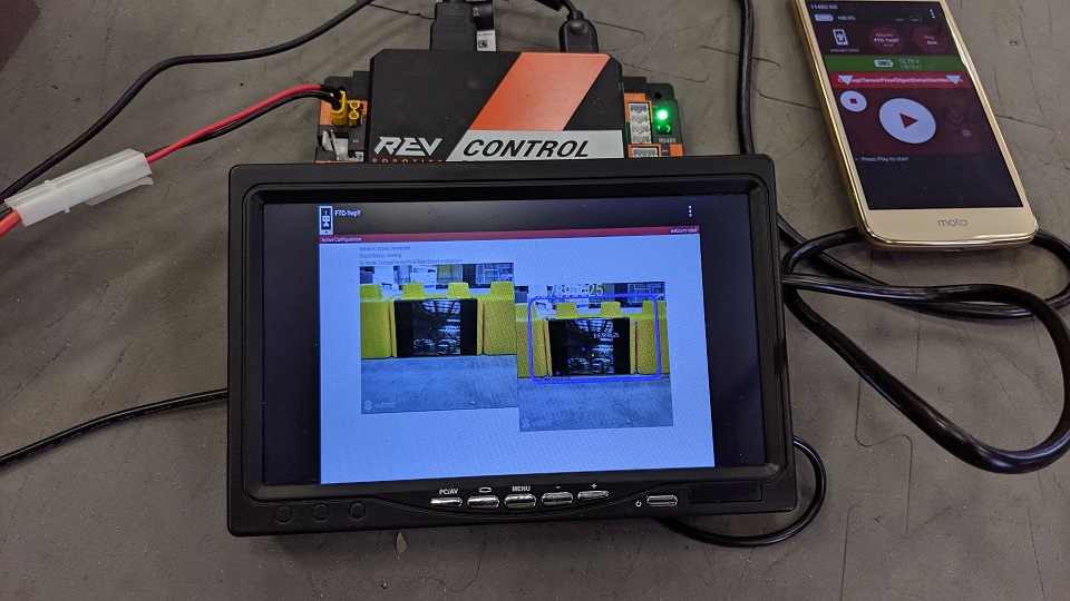 Photo showing an external HDMI monitor displaying the camera output from a connected control hub.