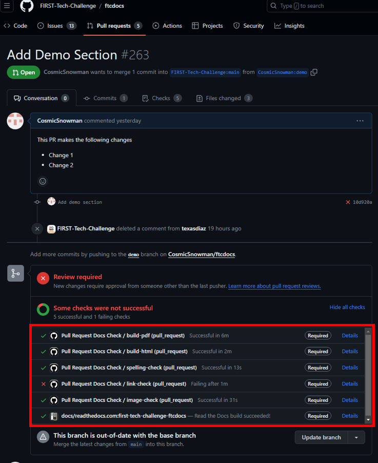 Screenshot of the Pull Request Page showing all checks passed except link check.