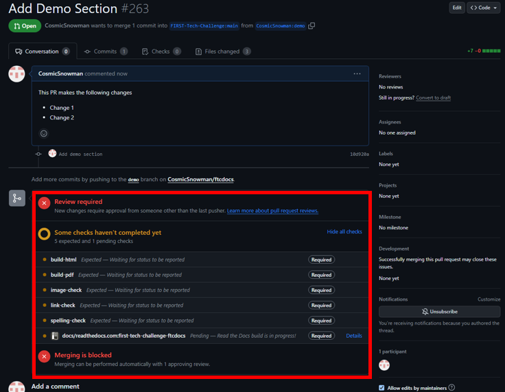 Screenshot of the Pull Request Page showing review required and check status.