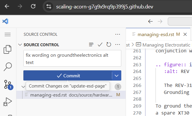 Screenshot showing the source control panel with a message to be committed.