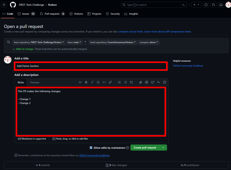 Screenshot showing the pull request title and description.