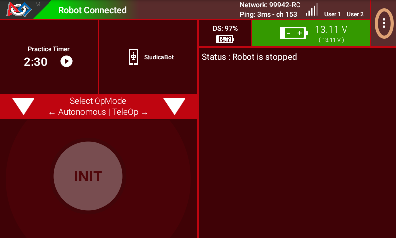 Driver Station main screen showing the 3 dots highlighted with an orange circle.