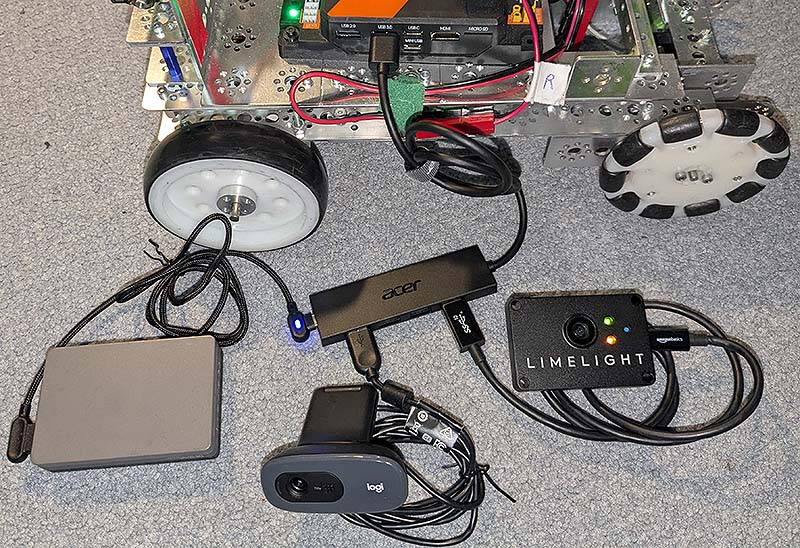 A USB hub with a webcam and a Limelight 3A connected to a REV Control Hub.