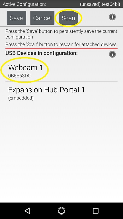 Screen shot showing the Scan button circled in yellow and the resulting USB device listed as Webcam 1.